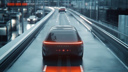 Futuristic electric car on a city highway at night
