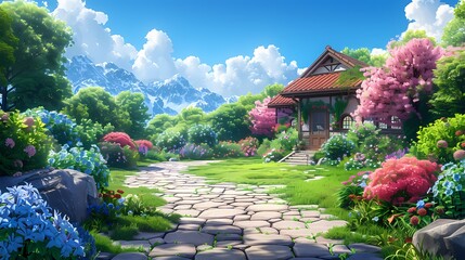 "Picturesque Garden: A charming house nestled amidst a vibrant, blossoming garden, with a stone pathway winding towards it, under a bright blue sky, evoking a sense of peace and tranquility.