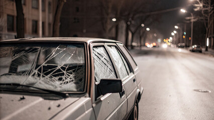 Obraz premium Damaged car with shattered windshield and scratched paint parked on a quiet street, depicting vehicle accident aftermath and insurance claim scenarios.