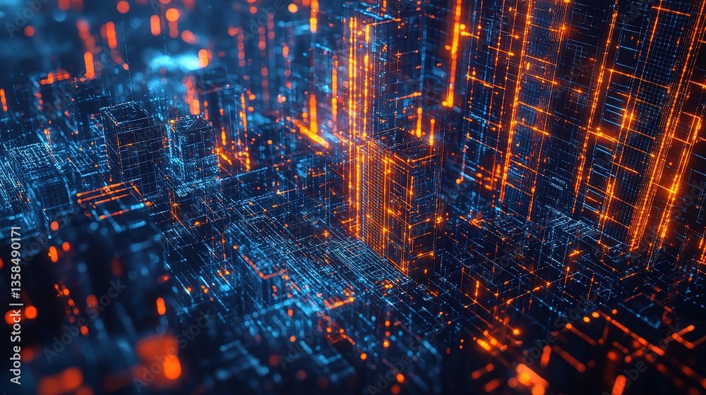 Poster abstract tech city with glowing data grid and dynamic visuals