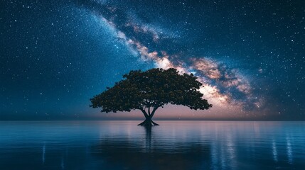 Solitary Tree Reflecting the Milky Way in Still Waters at Night