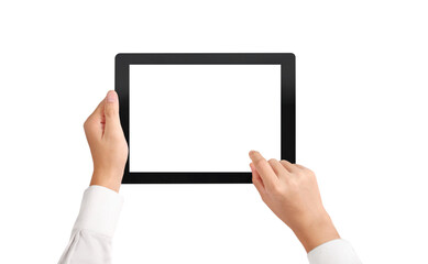 User interacting with a digital tablet in a minimalist studio technology showcase clean environment modern viewpoint digital innovation concept