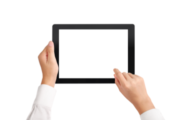 User interacting with a digital tablet in a minimalist studio technology showcase clean environment modern viewpoint digital innovation concept