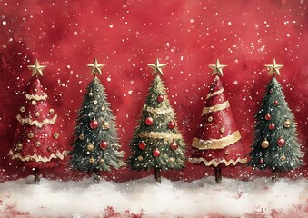 Obraz premium Five decorated christmas trees with stars and falling snowflakes on red