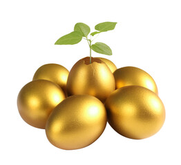 Golden eggs nurturing new growth in a bright studio conceptual art inspirational environment close-up viewpoint