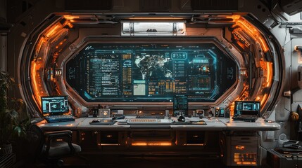 Obraz premium Futuristic spaceship control room with advanced technology and large monitor displaying world map and data.