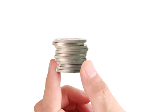 Counting coins hand holding stacked coins indoor setting close-up view financial concept for savings and investments