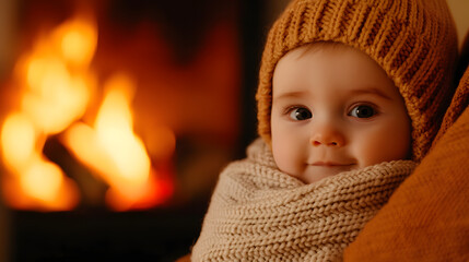Smiling face of a cute baby boy with big blue eyes and a winter cap
