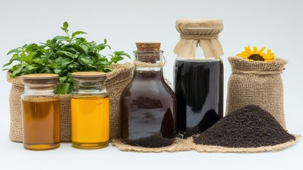 Organic Fertilizers and Gardening Supplies on White Background