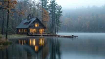 Fototapeta premium Cozy cabin on misty lake at dusk.