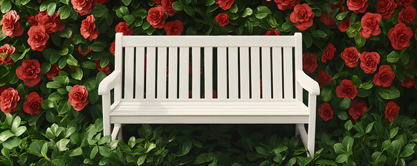 A wooden garden bench sits peacefully on a grassy lawn, with vibrant red flowers spilling from a pot nearby