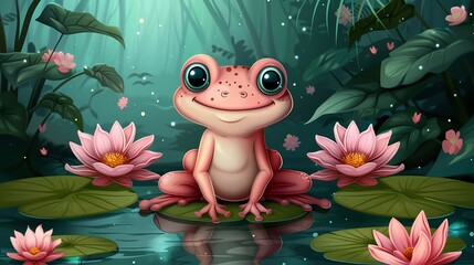Fototapeta premium Frog's Aquatic Oasis: A whimsical, rosy-hued frog with large, captivating eyes serenely rests on a lily pad, embraced by a serene pond scene adorned with delicate lotus blossoms.
