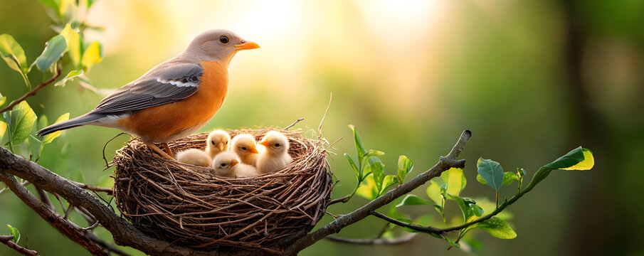 Cute vector illustration of a cartoon robin in a nest on a spring branch with a green leaf background