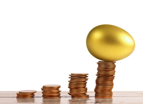 Investment growth strategy golden egg on stacked coins financial success studio inspirational business concept