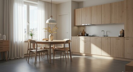 Bright kitchen interior with wooden cabinets, dining table and chairs near window