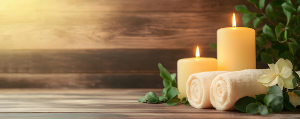 A tranquil still life featuring flickering candles and delicate flowers for a relaxing aromatherapy spa treatment