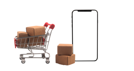 Shopping cart loaded with packages e-commerce environment digital marketing concept online retail minimalist viewpoint