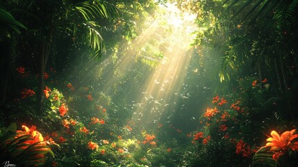 Naklejka premium Sunbeams illuminate lush jungle flowers.