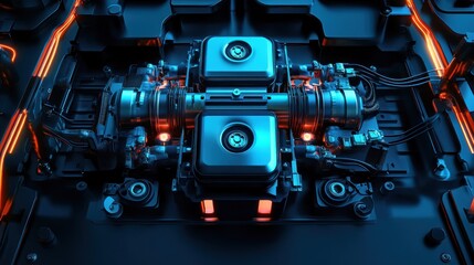 Futuristic engine system with glowing lines