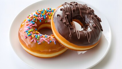 Delicious Duo of Donuts: Chocolate Drizzled and Sprinkled Delight Confection