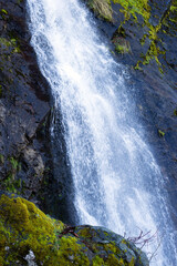 Obraz premium Majestic Waterfall Cascades Down Moss-Covered Rocks in a Serene Natural Setting During Daylight