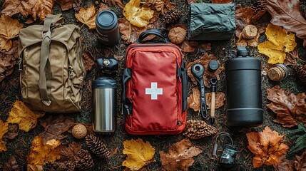 Autumn camping gear spread on fallen leaves.  First aid kit, backpacks, thermos, and other essentials