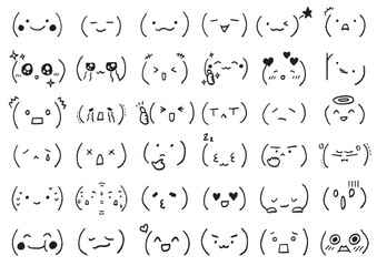 手描きのかわいい顔文字セット 01　絵文字　線画