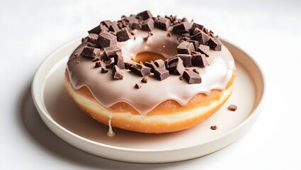 Delectable donut delight: A tempting treat drizzled with glaze and chocolate chunks