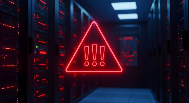 Red triangle warning in server room symbolizes disaster recovery alert. front of a server room.The server racks are dark and sleek with glowing red lights

