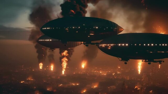 Dark airships hovering menacingly over burning urban landscape, billowing black smoke rising dramatically against twilight sky, depicting devastating aerial warfare scene