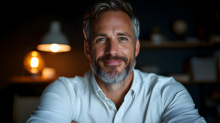 Obraz premium Smiling Man Portrait in Home Office at Night