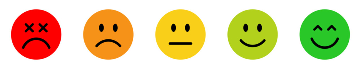 Rating emoji set. Feedback emoticons collection. Feedback and rating emoji set fill with white background. Very happy, happy, neutral, sad and very sad emojis icon set. Emoji, feedback..