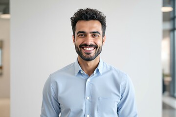 Obraz premium Confident smiling man in light blue shirt standing in modern office.
