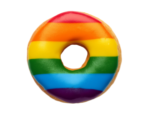 Top view studio shot of a doughnut with lgbtq rainbow-colored flag icing, perfect for pride-themed designs