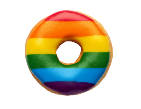 Top view studio shot of a doughnut with lgbtq rainbow-colored flag icing, perfect for pride-themed designs
