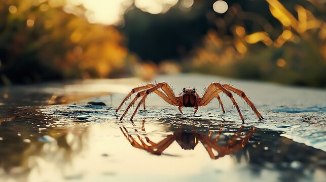 Detailed view of a brown spider standing on a puddle, its sharp black eyes and extended legs in focus, background blurred with soft natural tones. 