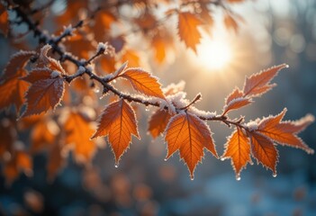 Frozen Autumn Leaves Winter Sunrise Nature Photography Orange Ice Red Cold Leaf Image Scene Macro   