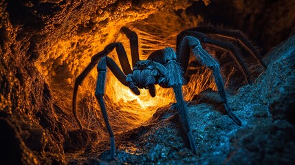 Giant spider lurking in a dark cave with intricate webs glowing under eerie lighting at night. --ar 16:9 --stylize 150 --v 6.1 Job ID: 34e32de8-7ee0-4fb7-b255-ba2b66706b2e
