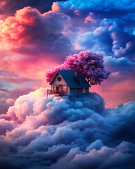 A whimsical house floats among vibrant clouds, crowned by a blooming tree.