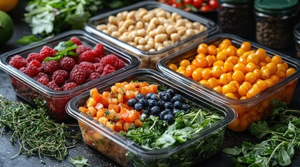 Assorted healthy food in clear containers.