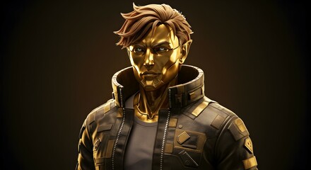 Golden Robot Man Cyberpunk Style 3d Render