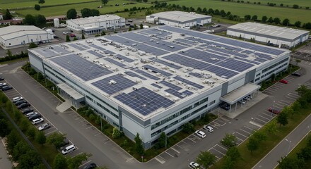 Aerial view of a large-scale data center powered by sustainable energy with solar panels on the roof, wallpaper, surrounded by greenery. background