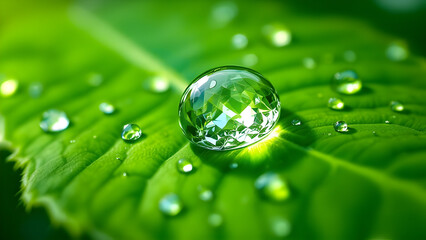 Crystal Clear Water Droplets on Fresh Green Leaf &ndash; Nature, Environment, and Sustainability Concept