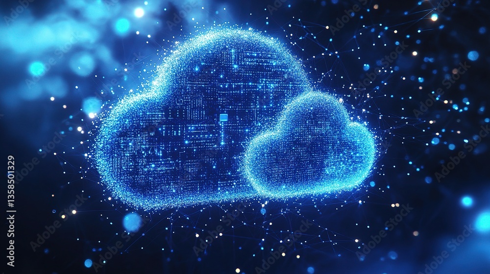 Poster digital cloud concept with data stream in blue color scheme