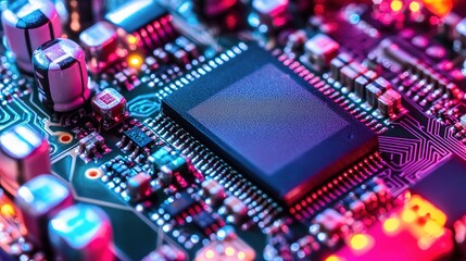 Detailed Electronic Circuit Board with Bright LED Lights and Components