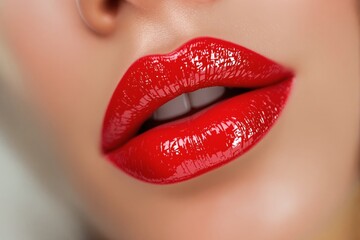 Close-up of glossy red lips with smooth skin tone.