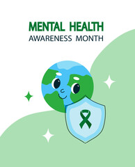 Mental health awareness month banner. Cute cartoon globe planet character. Vector hand drawn doodle flat illustration.