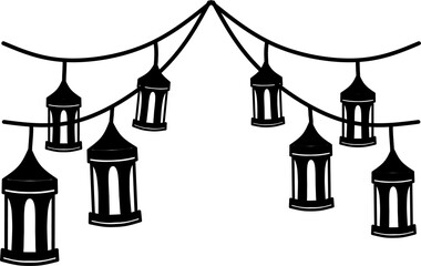 Black Islamic lantern lamp set clip art element isloated in white background. Eid mubarak graphic element printable header border vector