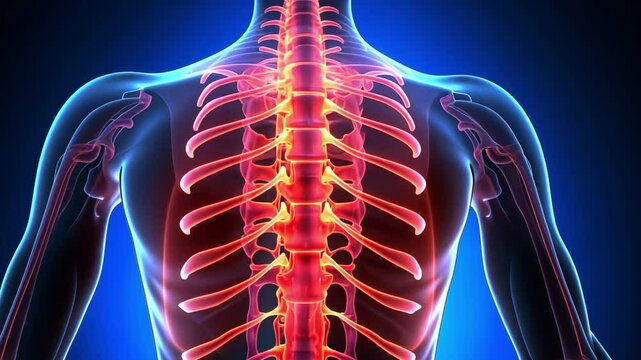 Human Anatomy: Medical illustration of the human spinal cord and ribcage illuminated with vibrant light