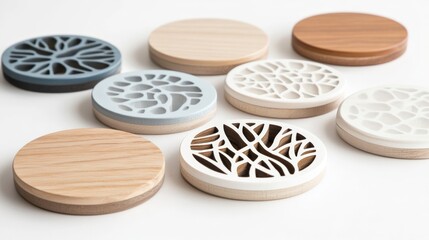 Unique Wooden Coasters with Intricate Designs on White